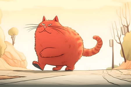 Fat ginger cat walking down the roadの素材