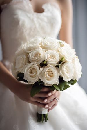 young girl in a white wedding dress holds in her hands a bouquet of flowers and greenery with a ribbon.の写真素材