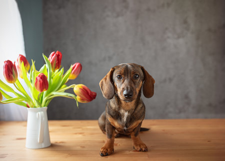 cute dachshund with tulips by the windowの写真素材