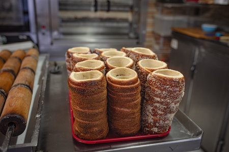 a traditional sweet pie made from yeast dough wrapped on a stick, fried and sprinkled with sugar and cinnamon close to the table.の写真素材