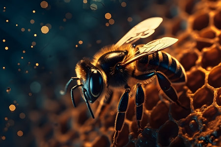 Macro photo of a bee hive on a honeycomb with copyspace. Bees produces fresh, healthy, honey. Beekeeping conceptの素材