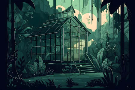 illustration of a garden with a greenhouseの素材