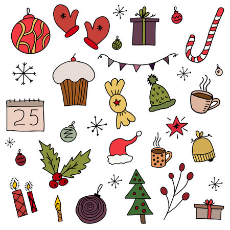 colored vector doodles of a New Year's set.のイラスト素材