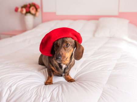 cute dachshund dog in a red beret.の写真素材