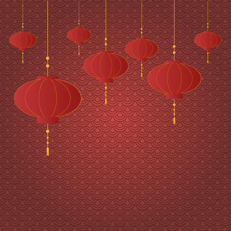 Happy Chinese New Year luxury style background vector. Golden geometric shapes, circle, Chinese and Japanese pattern on red wallpaper. Oriental design for backdrop, card, poster, advertising.のイラスト素材