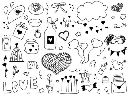 Seamless pattern of love. Happy Valentines day. Hand-drawn doodles on white background.のイラスト素材