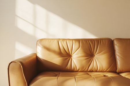 A brown couch with a brown leather cover and brown pillows. The couch is on a wooden floorの写真素材