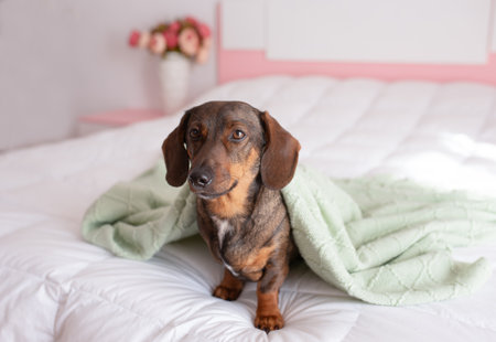 Red long haired dachshund portrait under blanket close upの写真素材