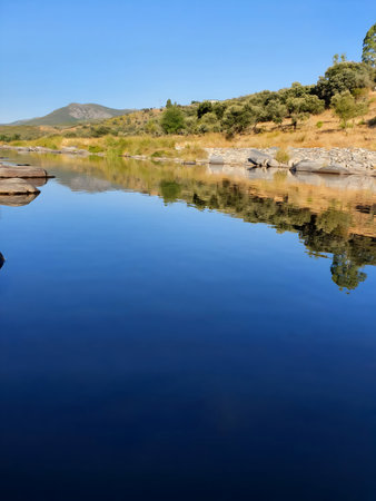 Beautiful Spring Landscape With River And Blue Sky.の写真素材