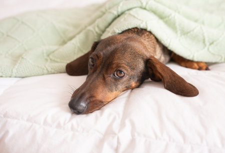 Cute dachshund dog on the bed.の写真素材