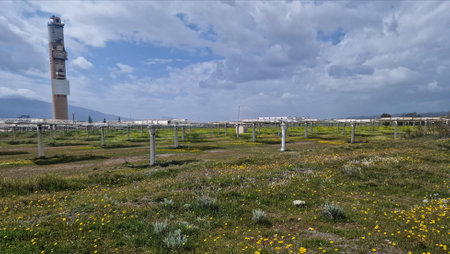 The photo depicts solar panels installed on the ground in a field with grass and yellow flowers.