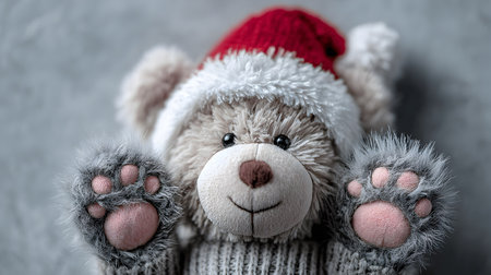 Cute teddy bear in a Santa hat, displaying fluffy fur and pink paws, captures the essence of holiday spirit and comfort in a delightful settingの写真素材