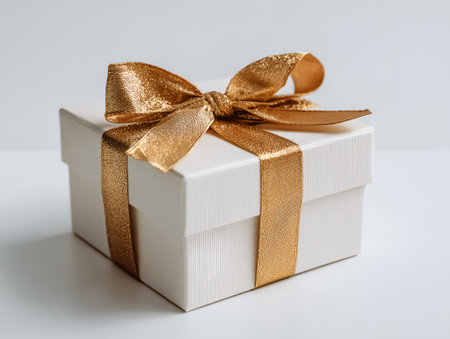 White gift box with a luxurious gold ribbon, positioned on a smooth surface, representing celebration and joy, perfect for special occasions and thoughtful giftingの写真素材