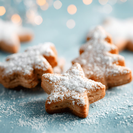 Star-shaped cookies covered in powdered sugar are beautifully displayed on a blue surface, with soft bokeh lights creating a warm and festive ambianceの写真素材