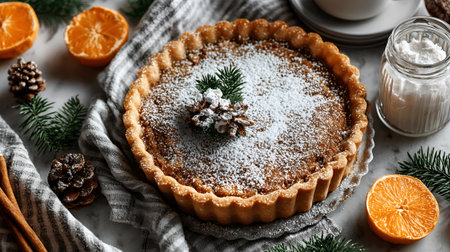 Delicious homemade pie topped with powdered sugar and pinecone decoration, surrounded by festive elements like oranges, cinnamon sticks, and greenery, creating a cozy atmosphereの写真素材