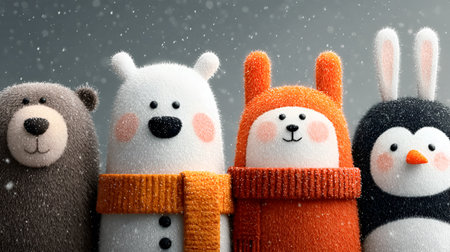 Cute animal characters, a bear, polar bear, bunny, and penguin, are dressed in cozy winter attire,...