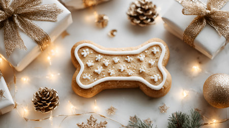 Festive gingerbread dog bone cookie decorated with white icing, surrounded by holiday gifts, pine cones, and twinkling lights, creating a warm seasonal atmosphereの写真素材
