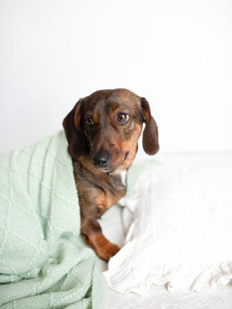 Adorable brown dog wrapped in a soft green blanket, resting comfortably on a cozy bed, showcasing a serene and peaceful atmosphere in a home environmentの写真素材