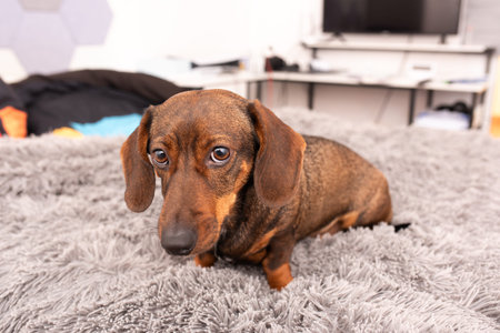 Emotional close up portrait of dachshund capturing cute face expression and intelligent brown eyes of dog resting on gray shaggy background.の写真素材