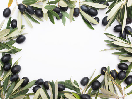 Oval frame made of black olives and green leaves whiteの写真素材