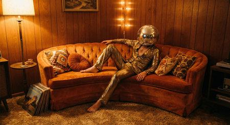 Surreal retro seventies style concept with shiny character relaxing on velvet sofa in vintage home...