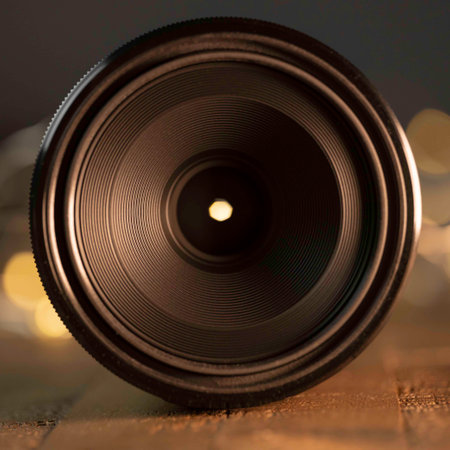 Macro camera lens, lights in background, wooden desk
