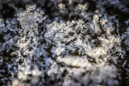 Macro shot of ice crystals on the ground in winter season.