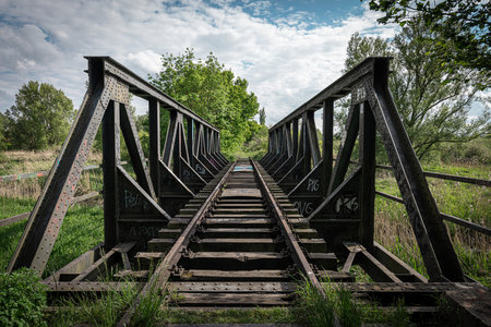 An abandoned railway bridge with iron girdersの写真素材