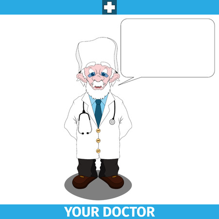 Cartoon character. A doctor wearing glasses and a white lab coat with empty dialog cloud. Vector illustrationのイラスト素材