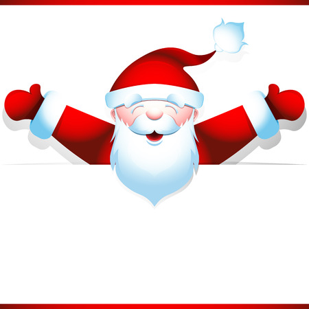 Joyous Santa Claus peeping from behind blank banner, hands wide apart. Poster for the big Christmas sales. Vector illustration 10 EPSのイラスト素材