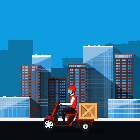 Delivery man on motor scooter delivers order. Cargo transportation illustration.のイラスト素材