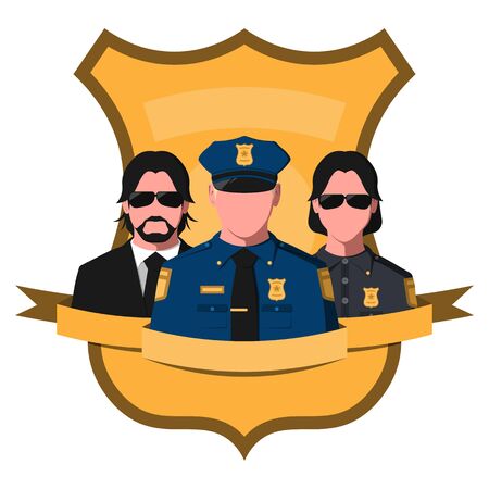 Flat avatar of police team. Emblem with silhouettes of policeman, sheriff and detective on a badge background.のイラスト素材