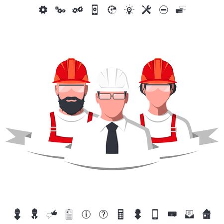 Working people. Silhouettes of technical support team. Engineering icons. Flat vector illustration.のイラスト素材
