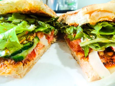 A close-up view of a sandwich from the side wih health vegetablesの写真素材