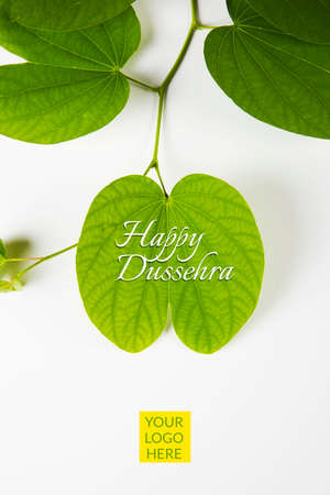 indian festival dussehra, showing golden leaf with traditional indian sweets pedha in silver bowl, Dussehra greeting cardの写真素材
