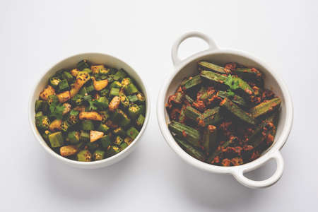 Indian masala fried bhindi or bhendi or Okra or ladyfinger curry or sabji, selective focus