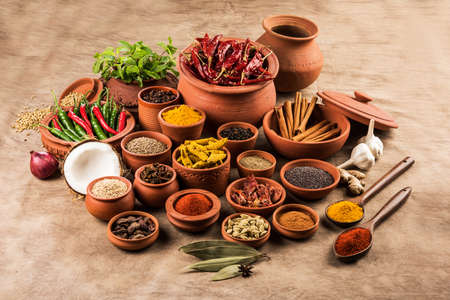 indian spices in terracotta pots, indian colourful spices, group of indian spices, group of spices, india and spices arranged in different size terracotta potsの写真素材