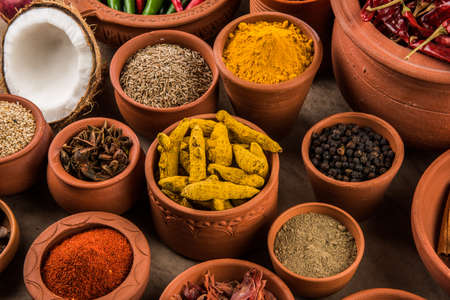 indian spices in terracotta pots, indian colourful spices, group of indian spices, group of spices, india and spices arranged in different size terracotta potsの写真素材