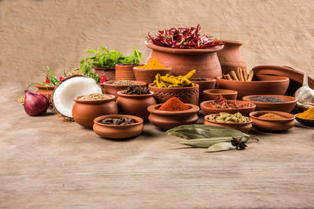 indian spices in terracotta pots, indian colourful spices, group of indian spices, group of spices, india and spices arranged in different size terracotta potsの写真素材