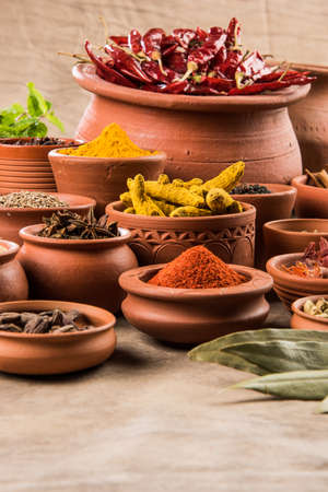 indian spices in terracotta pots, indian colourful spices, group of indian spices, group of spices, india and spices arranged in different size terracotta potsの写真素材