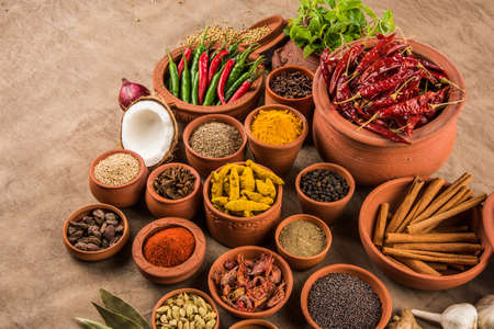 indian spices in terracotta pots, indian colourful spices, group of indian spices, group of spices, india and spices arranged in different size terracotta potsの写真素材