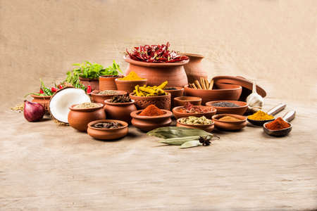 indian spices in terracotta pots, indian colourful spices, group of indian spices, group of spices, india and spices arranged in different size terracotta potsの写真素材