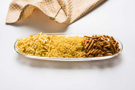stock photo of Sev Namkeen Food Collection Aloo Sev also know as namkin and nimco a popular crisp savory snack made from mashed potatoes, chickpea flour and spicesの写真素材