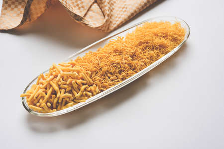 stock photo of Sev Namkeen Food Collection Aloo Sev also know as namkin and nimco a popular crisp savory snack made from mashed potatoes, chickpea flour and spicesの写真素材