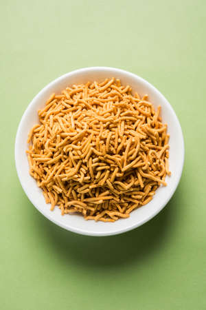 stock photo of Sev Namkeen Food Collection Aloo Sev also know as namkin and nimco a popular crisp savory snack made from mashed potatoes, chickpea flour and spicesの写真素材