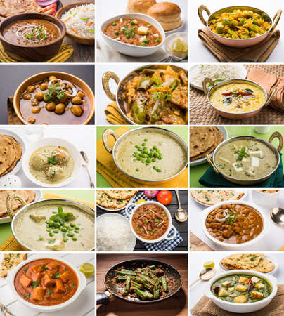 stock photo of collage of indian popular main course vegetable recipe best suitable for restaurant menu card designの写真素材