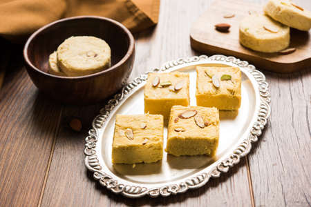 Stock photo of Soan Papdi or Soan roll or Patisa or patisha, popular sweet from India. selective focusの写真素材