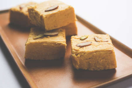 Stock photo of Soan Papdi or Soan roll or Patisa or patisha, popular sweet from India. selective focusの写真素材