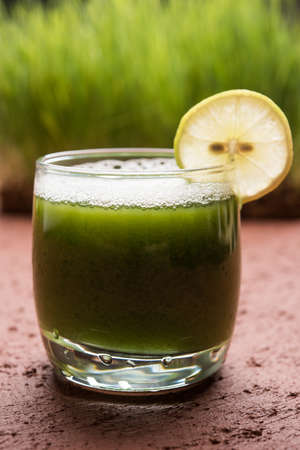 Ayurvedic or medicinal Wheat grass juice with lemon slice in glass, selective focusの写真素材