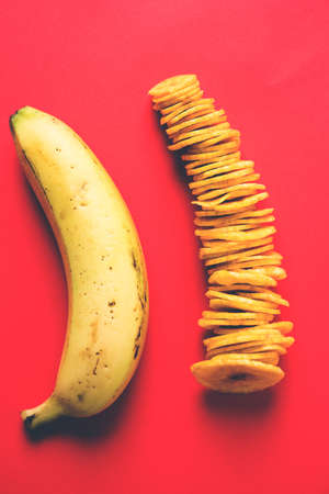 Stock Photo of Healthy Homemade Kela or Banana chips or wafers or Plantain Chips, selective focusの写真素材